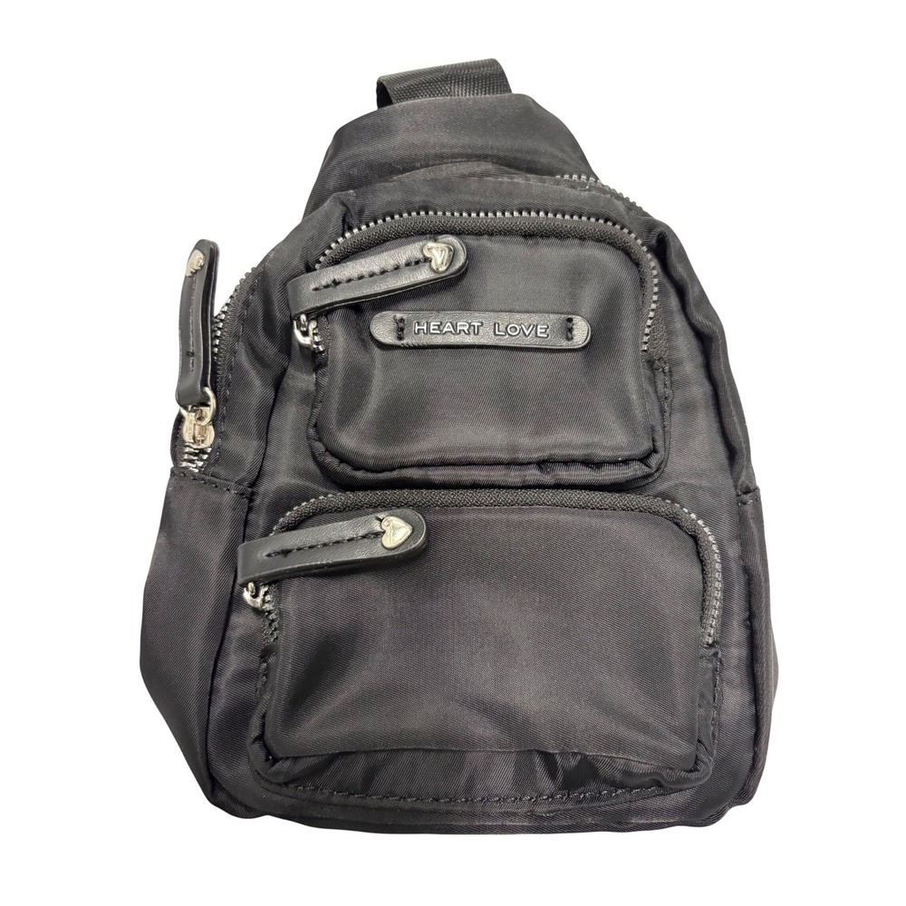 Heart Love Black Nylon Mini Sling Bag Crossbody Backpack Adjustable Strap‎